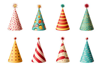 Towering Festive Cascades: A Stack of Vibrant Party Hats. On White or PNG Transparent Background.