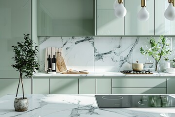  Luxury marble dining table, sage green kitchen counter with white countertop, cooktop, cupboard and white marble splashback 