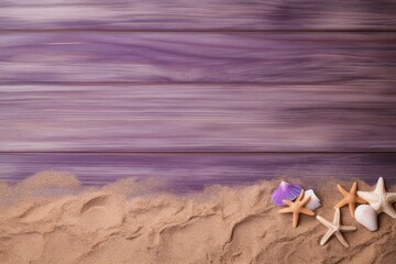 Fototapeta na wymiar Beach sand and purple wooden background with copy space for summer vacation concept, text on the right side