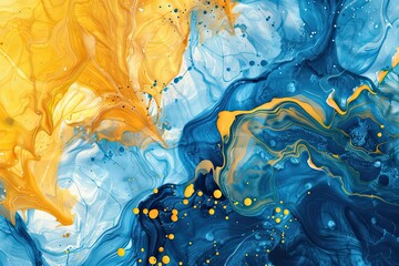 Marble yellow blue texture background Fluid watercolor ink drop