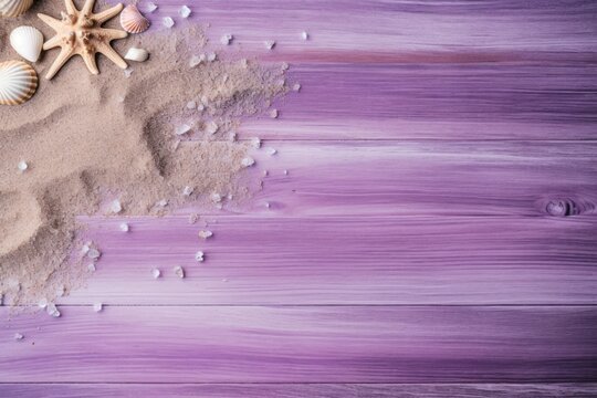 Beach sand and purple wooden background with copy space for summer vacation concept, text on the right side