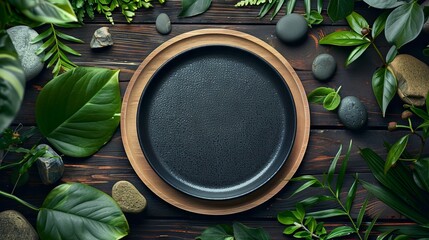 A dramatic black plate on a light wood table surrounded by scattered natural elements like leaves and stones, blending indoors with nature - obrazy, fototapety, plakaty