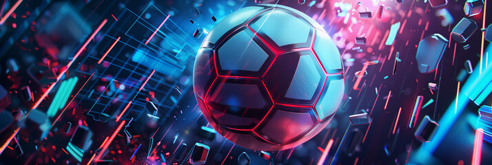 An eye-catching 3D soccer ball with explosive digital effects, illustrating the energy of sports in a cyber environment