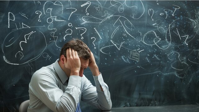 student thinking, a young man with a frustrated or overwhelmed expression