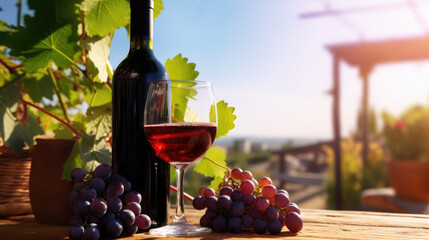 Bottle of wine and glass, bunches of ripe grapes. Growing grapes on sunny day. Vineyards of the South - obrazy, fototapety, plakaty