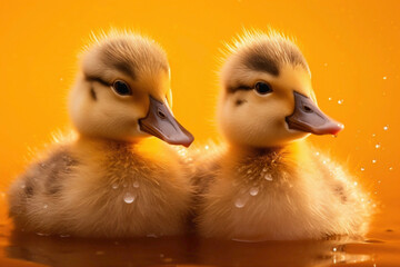 Two fluffy ducklings waddling side by side, against a sunny orange backdrop, with water droplets on their downy feathers. - obrazy, fototapety, plakaty