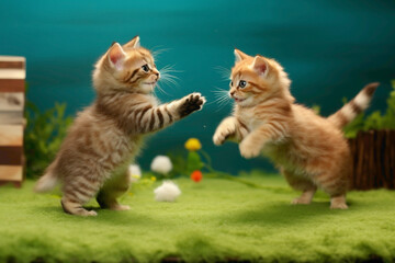 Two charming kittens, donned in miniature suits, engage in a lively game of tag against a lively...