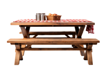 A Cloaked Feast: Checkered Tablecloth Picnic Table. On White or PNG Transparent Background.