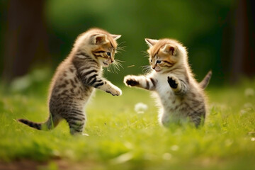 Two charming kittens, donned in miniature suits, engage in a lively game of tag against a lively green backdrop. Their joyful expressions and agile movements make for an endearing playdate. - obrazy, fototapety, plakaty