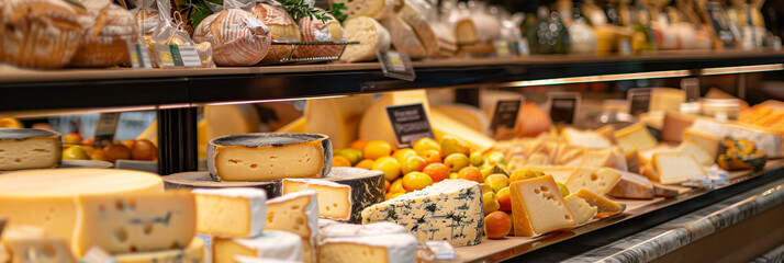 Premium cheese selections presented beautifully in a luxe grocery store setting