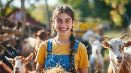a young woman in a sunny farm setting, smiling and holding a bunch of hay. She is wearing a yellow shirt with denim overalls and has her hair styled in braided pigtails surrounding by farm animals