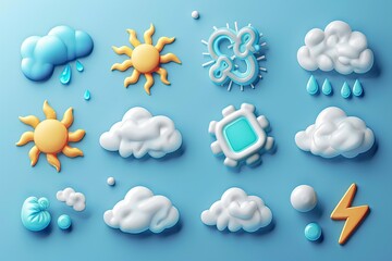 3d weather icons render style sun cumulus and snowflakes Trendy fluffy bubbles clouds wind symbol raindrops Pithy isolated vector set of weather meteorology - obrazy, fototapety, plakaty