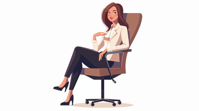 Business woman confidently sitting in office chair wit
