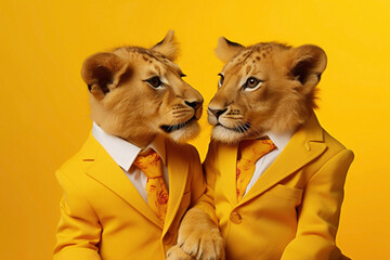 Two adorable little lions in suits, joyfully playing with each other in front of a vibrant yellow background. - obrazy, fototapety, plakaty