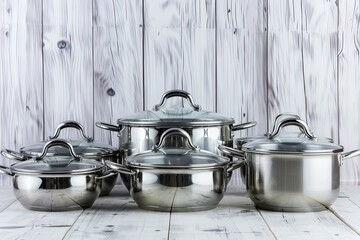 Set of stainless pots and pan with glass lids on the white wooden background. - obrazy, fototapety, plakaty