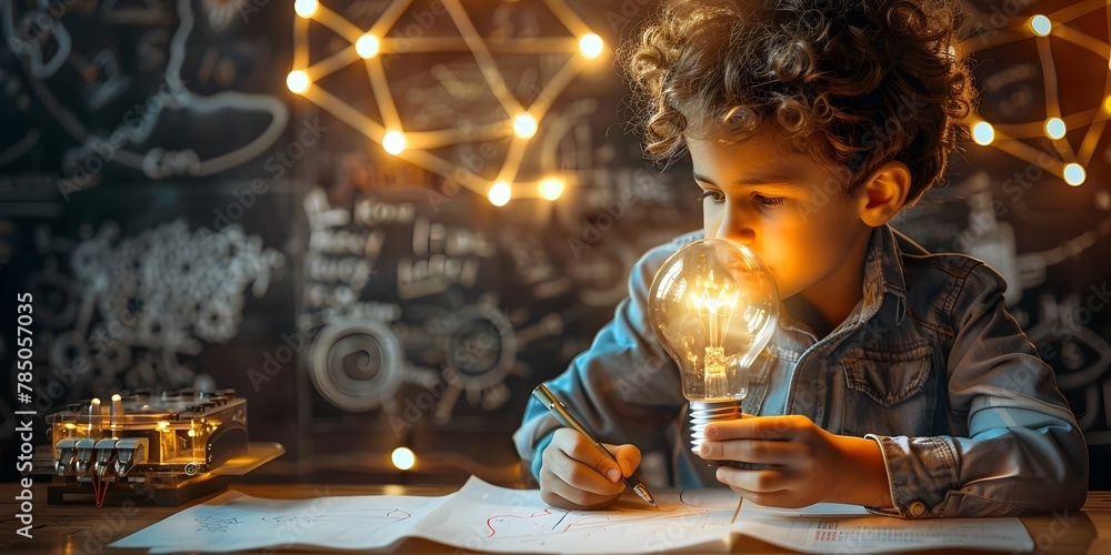 Poster young inventor sketching a new device with a glowing light bulb symbolizing the birth of an innovati