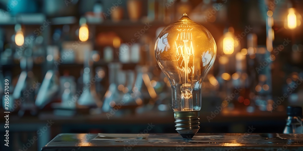 Poster light bulb casting brilliant glow over cluttered scientist s lab highlighting discovery moment in sc