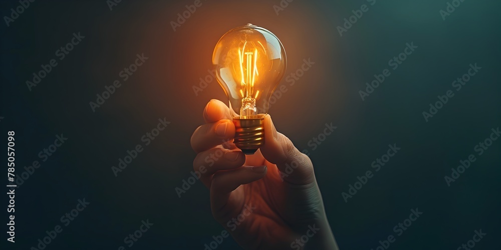 Poster hand reaching to turn on illuminating light bulb in dark room symbolizing power of single idea to sp