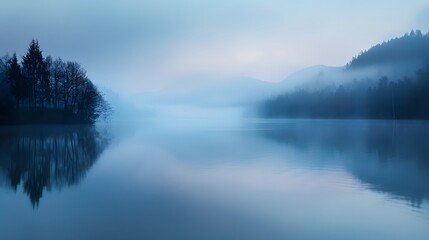 Quiet lake before dawn in the mist, with smog - obrazy, fototapety, plakaty