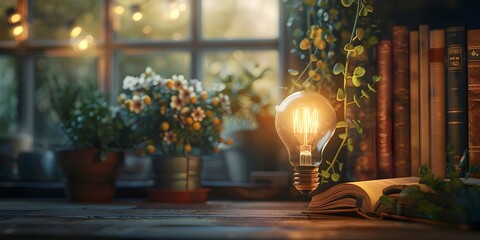 A vintage style light bulb flickering to life casts a warm inviting glow in a cozy writer s nook...