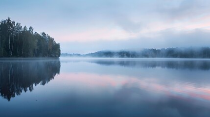 Quiet lake before dawn in the mist, with smog - obrazy, fototapety, plakaty