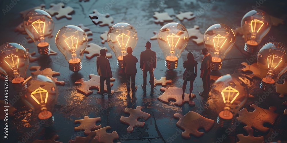 Poster puzzle solving competition illuminated by glowing light bulbs as participants conquer challenges wit