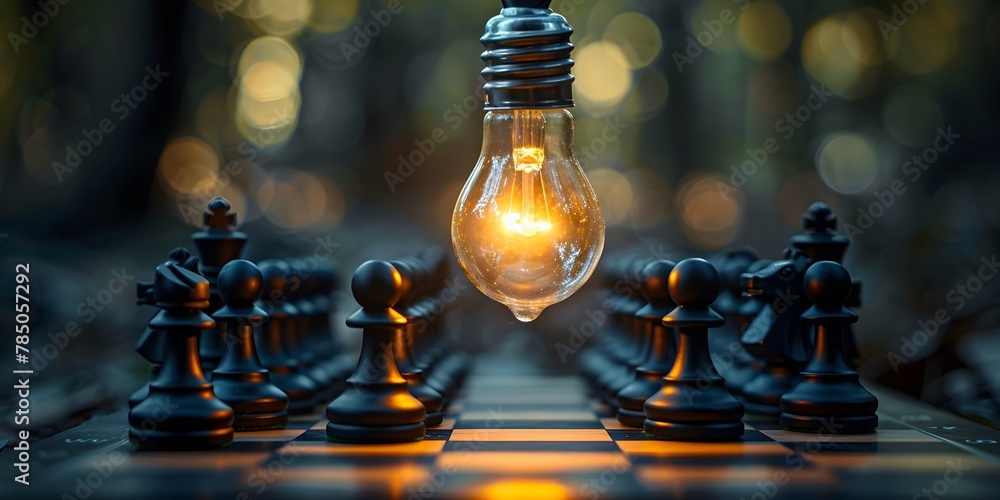 Poster illuminating strategic thinking light bulb hovering over chessboard symbolizes intellectual challeng