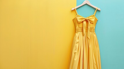 women's clothing stylish yellow summer dress on a yellow-blue background, copy space - obrazy, fototapety, plakaty