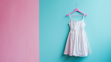 women's clothing white summer dress on a pink-blue background, copy space - obrazy, fototapety, plakaty