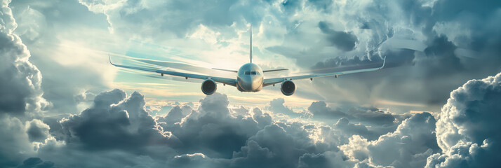 A majestic airplane flying high among sunlit clouds, capturing the essence of adventure, travel, and the freedom of high-altitude flight - obrazy, fototapety, plakaty