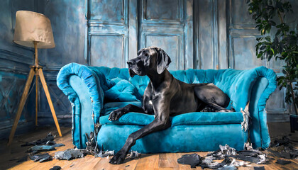 Great Dane on a completely destroyed blue sofa