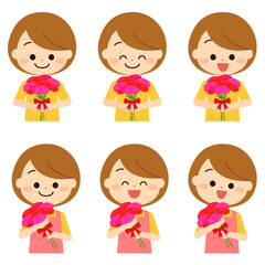 母の日の花束をもらって喜ぶ女性セット