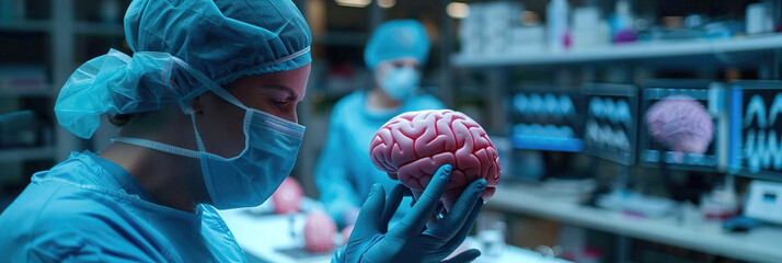 Neurosurgeon holding model brain, explaining surgery procedure, medical consultation.