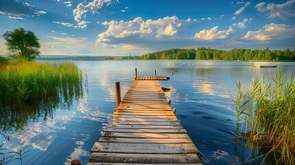 Wooden pier on the lake beautiful landscape summer