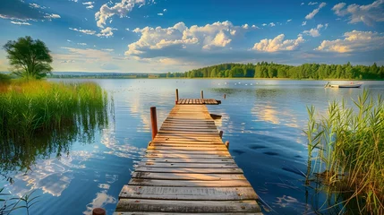 Plexiglas foto achterwand Wooden pier on the lake beautiful landscape summer © Valentin