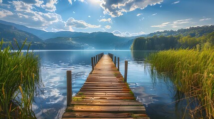Naklejka premium Wooden pier on the lake beautiful landscape summer