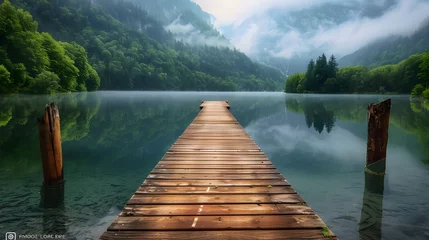 Fotobehang Wooden pier on the lake beautiful landscape summer © Valentin