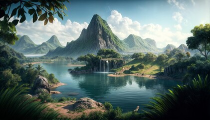 Beautiful panoramic view of karst mountains and lake - obrazy, fototapety, plakaty