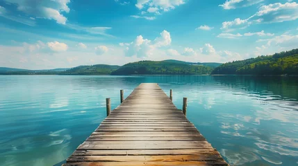Tuinposter Wooden pier on the lake beautiful landscape summer © Valentin