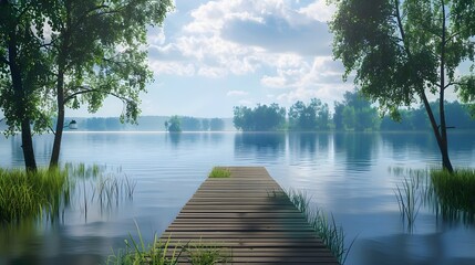 Wooden pier on the lake beautiful landscape summer - obrazy, fototapety, plakaty