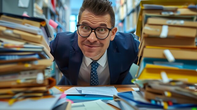 Business man in suit and glasses working at the desk on his workplace at office with a pile of folders and a stack of papers. Tired concentrated accountant making calculations analyzing company 