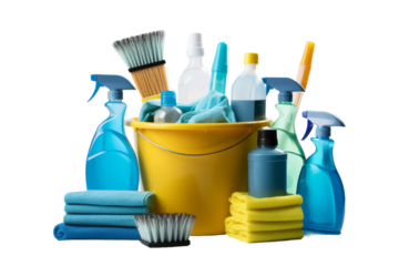 Sparkling Cleaning Magic: Bucket Overflowing With Supplies and Brush. On White or PNG Transparent Background.