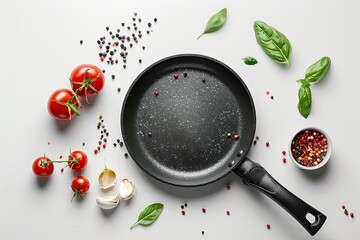 Tasty fresh ingredients and frying pan on white background - obrazy, fototapety, plakaty