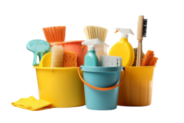 Sparkling Clean: A Bucket Overflowing With Cleaning Supplies. On White or PNG Transparent Background.