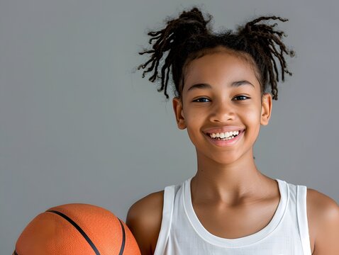 Young basketball player with the classic ball in hand and beautiful smile, copy space for text, solid background