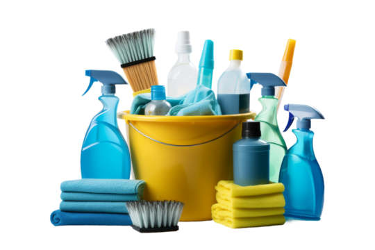 Sparkling Cleaning Magic: Bucket Overflowing With Supplies and Brush. On White or PNG Transparent Background.