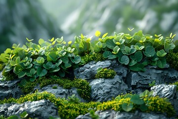 Obraz na płótnie Canvas Serene Greenery on Moss-Strewn Stones. Concept Nature Photography, Mossy Stones, Tranquil Scenes