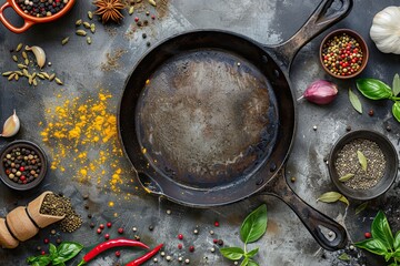 Various organic spices, herbs and ingredients around empty aged cooking skillet. Gray background. Top view. Copy space