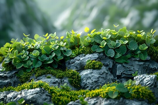 Serene Greenery on Moss-Strewn Stones. Concept Nature Photography, Mossy Stones, Tranquil Scenes