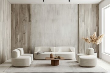 White and beige living room seating with empty wall